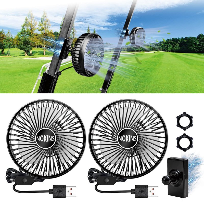 NOKINS Golf Cart Fan, Portable Magnetic Fans for Golf Cart EZGO Club Car Yamaha, Low Noise Designed and 3-Speed Settings 360° Rotatable with Magnetic Mount Base&USB Input (Set of 2)