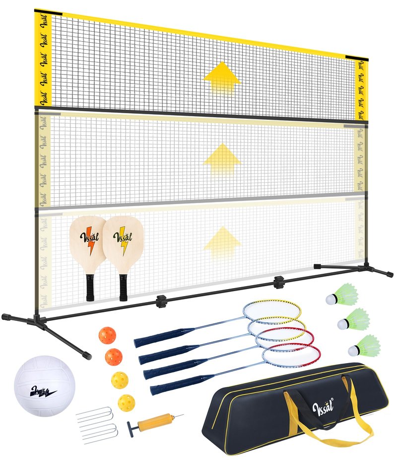 VSSAL 3-in-1 Portable Badminton, Volleyball & Pickleball Net Set for Adults, Adjustable Height 34"–7 ft for Backyards or Beach, Outdoor Sports Combo with Carry Bag, Rackets, Paddles & Balls (10 ft)
