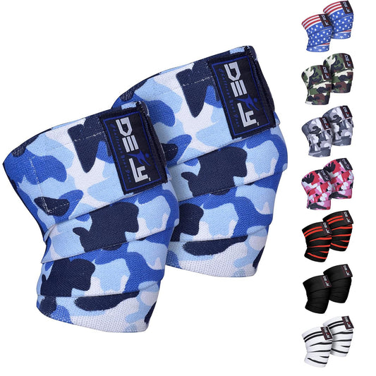 DEFY Sports' Knee Wraps for Weightlifting - Provides Knee Support for Powerlifting, Squats & Fitness Workouts - Ideal Knee Wrap for Men and Women (1 PAIR) (Blue Camo)