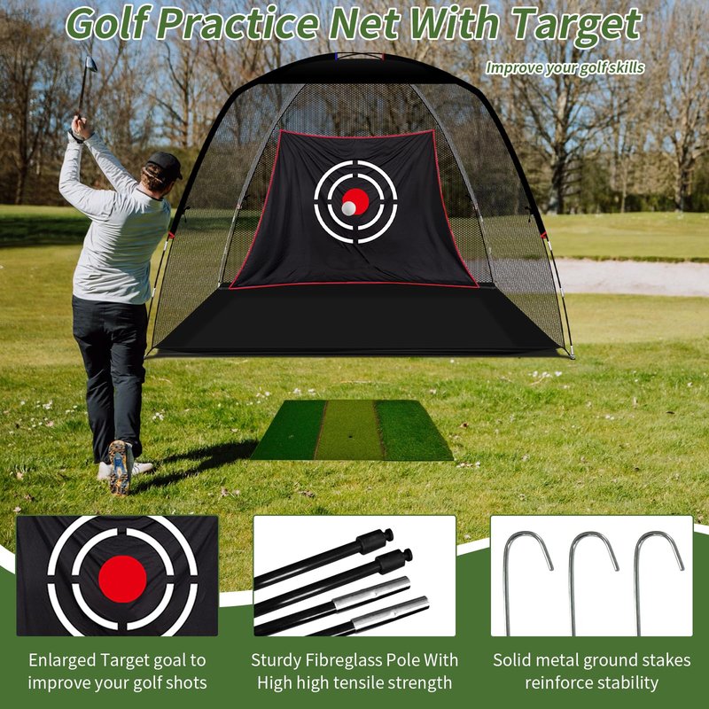 KAIDIDA Golf Hitting Net Portable: 12x7 FT Quick Set Up Driving Training Equipment for Backyard Garage Gift with Target Tee Cap Turf Ball