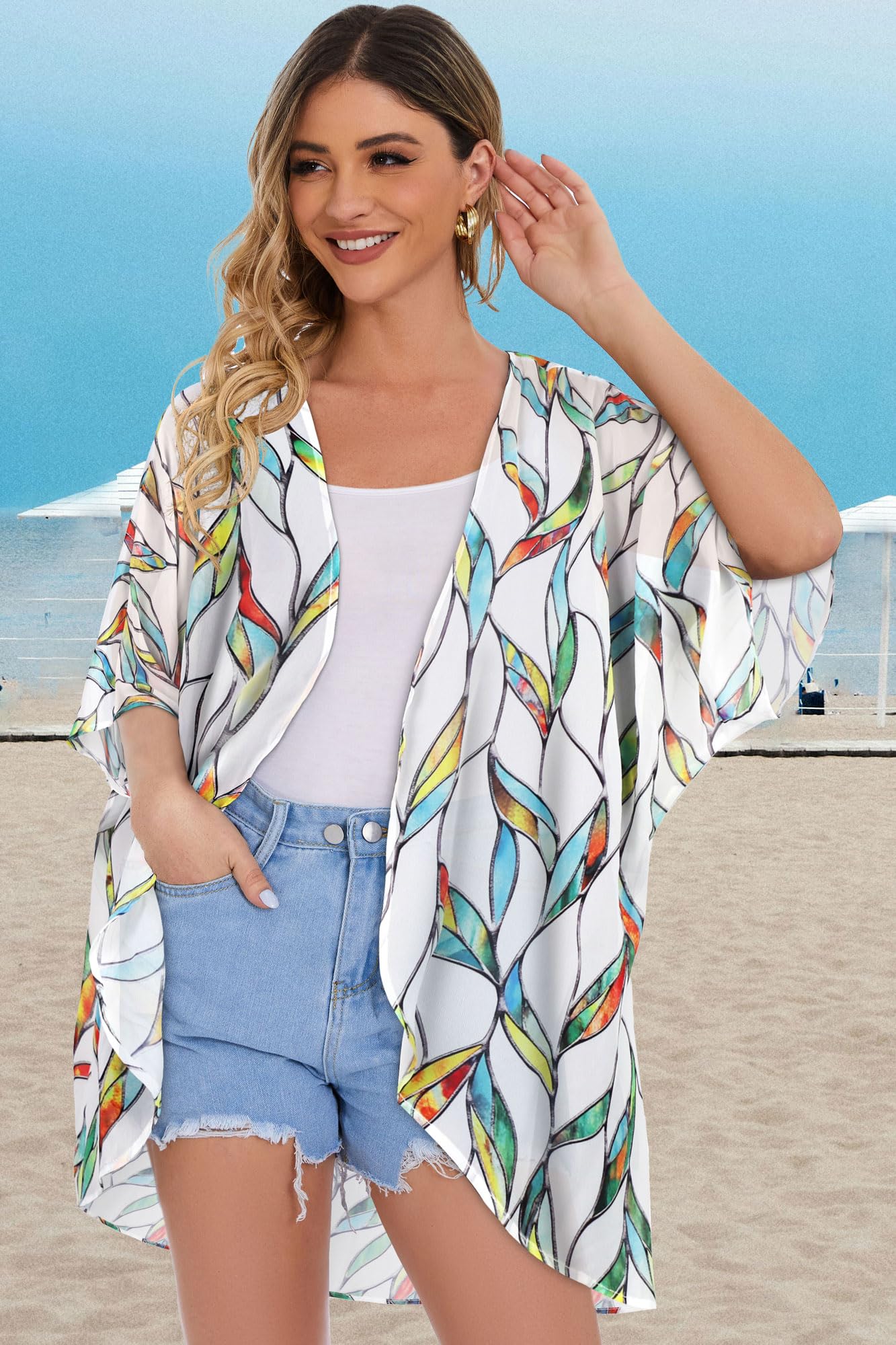 Womens Short Cardigans Casual Cover Up Open Front Kimono Tops Bathings Suit Shawl (White Colorful Leaves,L)