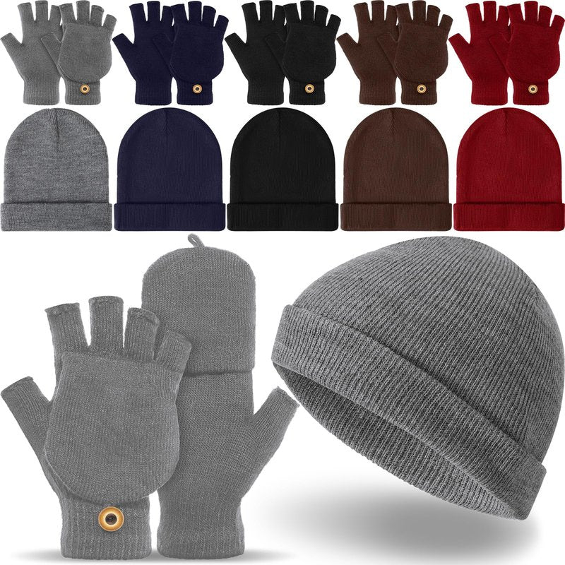 Geyoga 10/30/60 Pcs Winter Beanies and Gloves Warm Knitted Hats Flip Fingerless Mittens Cold Gift for Men Women Homeless Care(10 Pcs)
