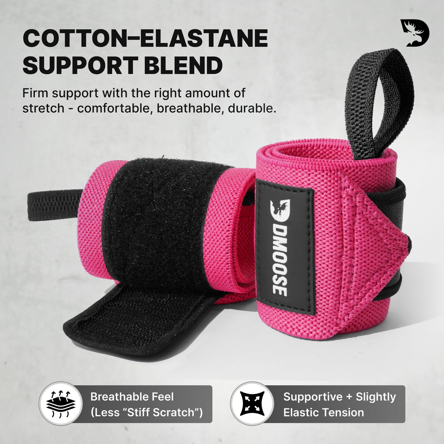 DMoose Wrist Straps for Weightlifting 12 and 18 Inches Thumb Loops with Wrist Support for Workouts Powerlifting Wrist Straps for Weight Lifting Men and Women Pink