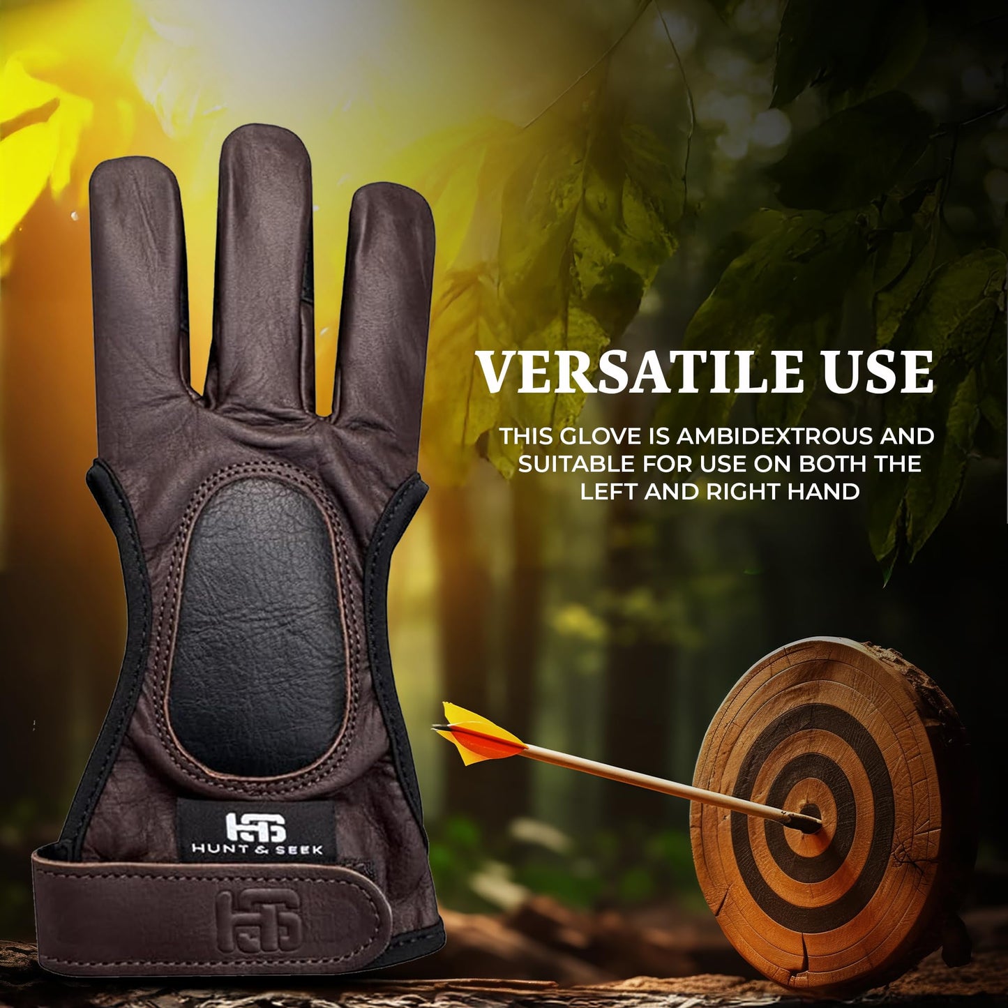 Hunt & Seek Cow Leather Three Finger Archery Glove for Recurve & Compound Bow – Finger Tab Accessory (Brown, X-Large)