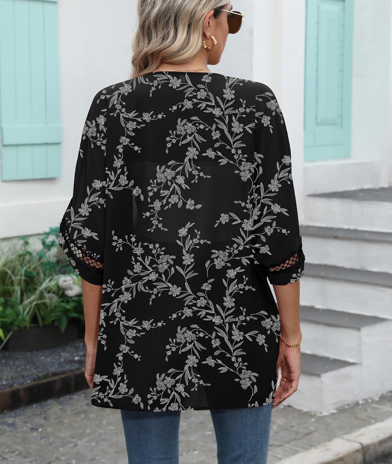 LILBETTER Lightweight Chiffon Kimono Cardigan - Puff Sleeve Lace Cover-Up Blouse for Women | Beach Wear