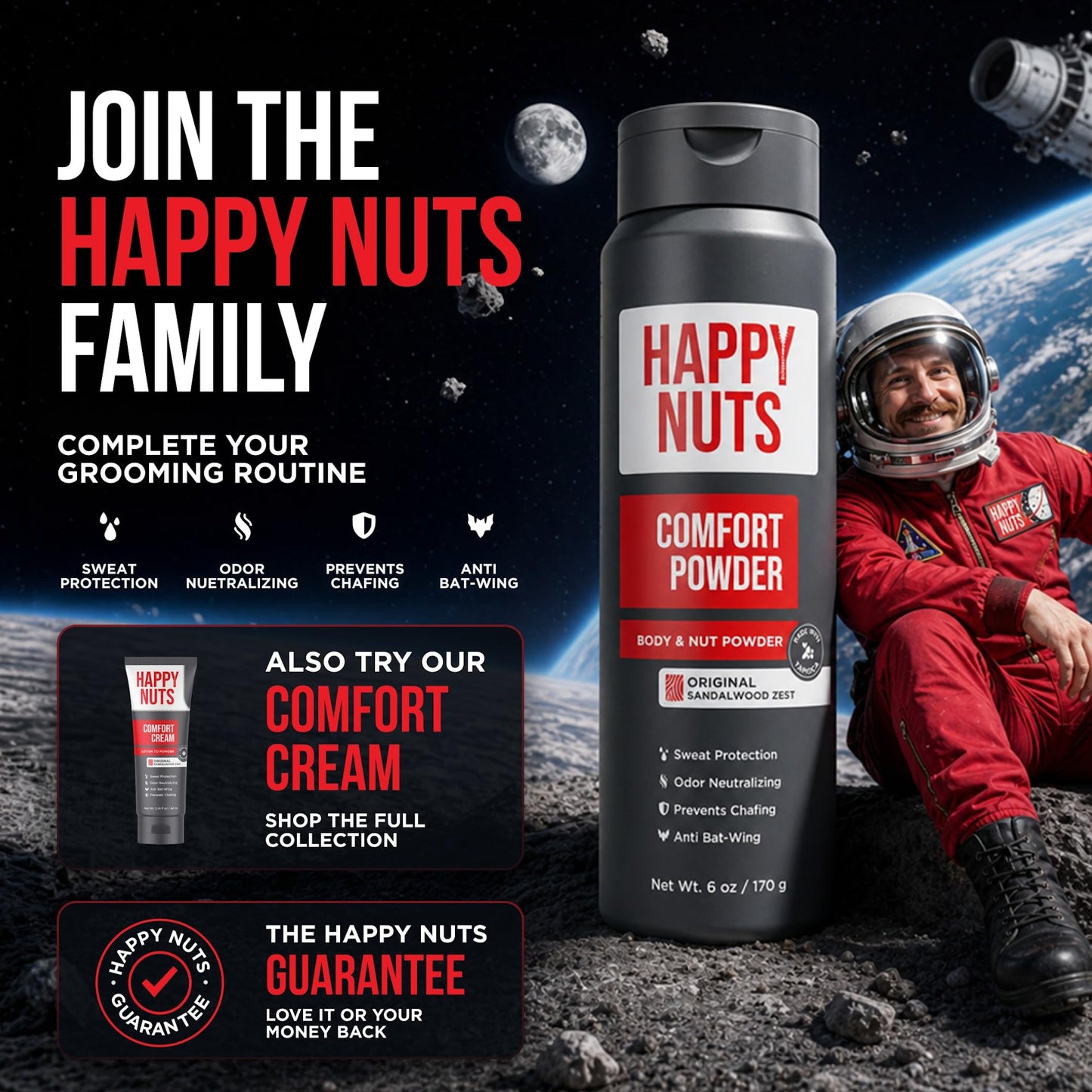 Happy Nuts Comfort Powder - Anti-Chafing, Sweat Defense & Odor Control for the Groin, Feet, and Body - Body Powder for Men (2 PACK)