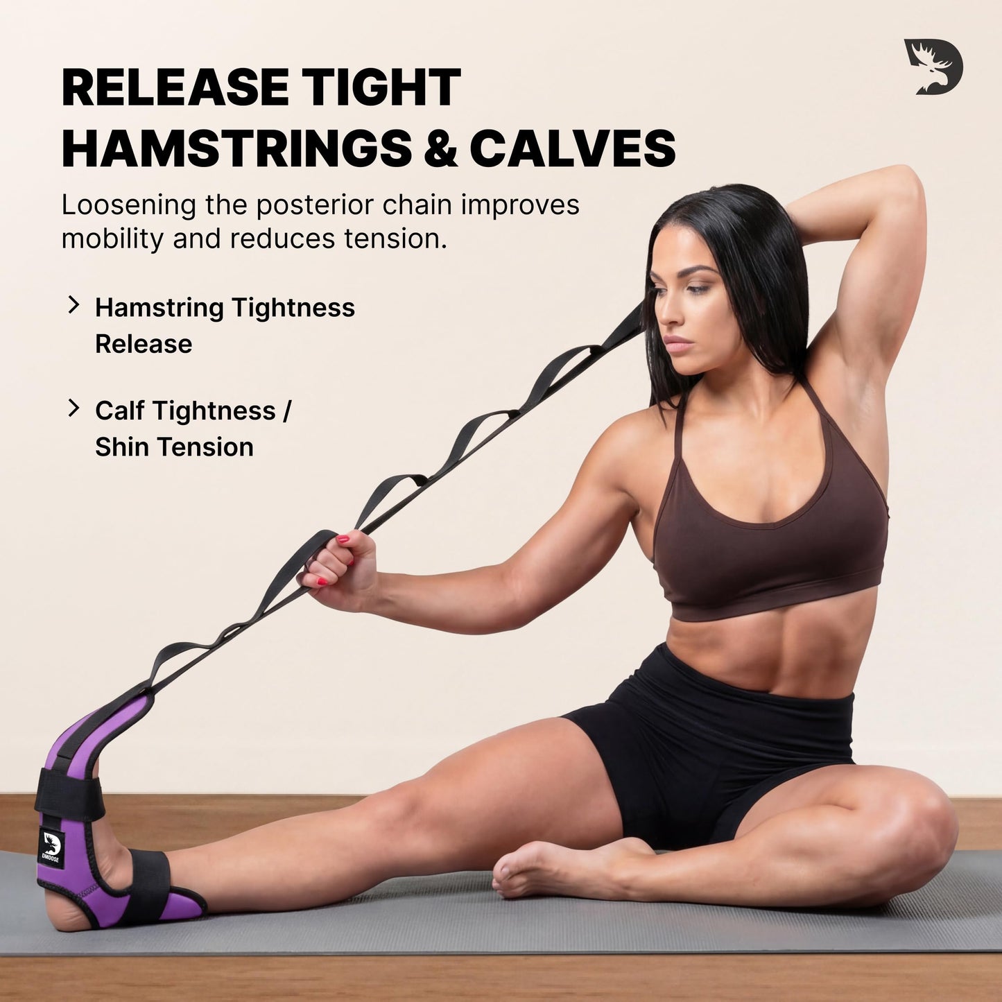 DMoose Fitness Foot & Calf Stretcher with Adjustable Padded Stretching Strap for Plantar Fasciitis, Hamstring, Heel Spurs and Achilles Tendonitis Relief - Yoga Leg Stretch Strap (Purple)