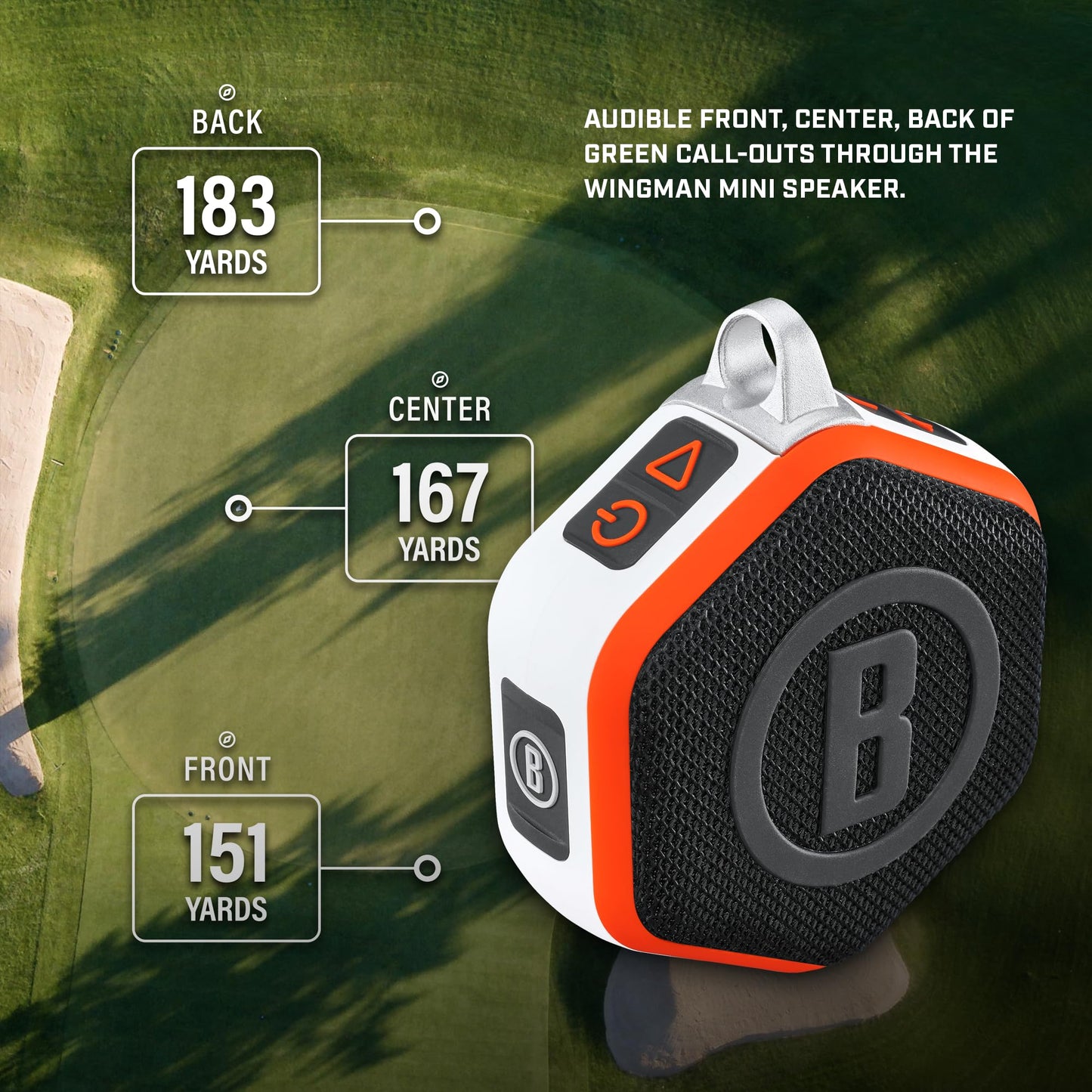 Bushnell Golf Wingman Mini GPS Speaker – Ultra Portable Bluetooth Golf Speaker with Audible Distances, Magnetic Cart Mount, Waterproof, 10Hr Battery & Carabiner, Orange