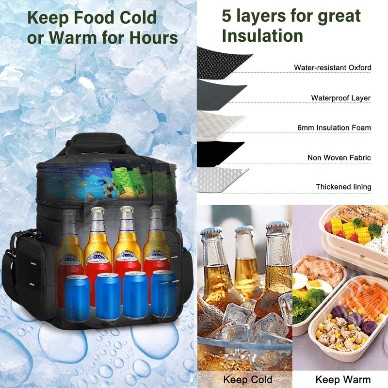 Expandable Tactical Lunch Box - Large Insulated Cooler Bag | Heavy Duty, Leakproof, 16L, Black for Work & Outdoor Use