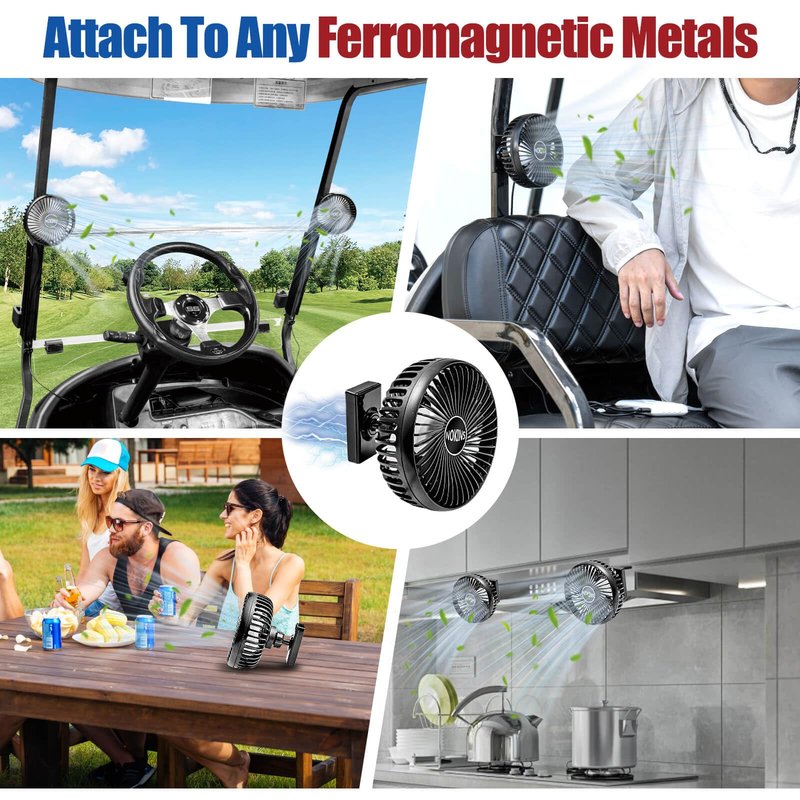 NOKINS Golf Cart Fan, Portable Magnetic Fans for Golf Cart EZGO Club Car Yamaha, Low Noise Designed and 3-Speed Settings 360° Rotatable with Magnetic Mount Base&USB Input (Set of 2)