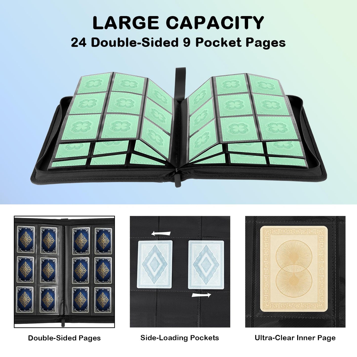 Prilino Ringless Trading Card Binder, 9 Pocket, 432 Storage Capacity, Blue