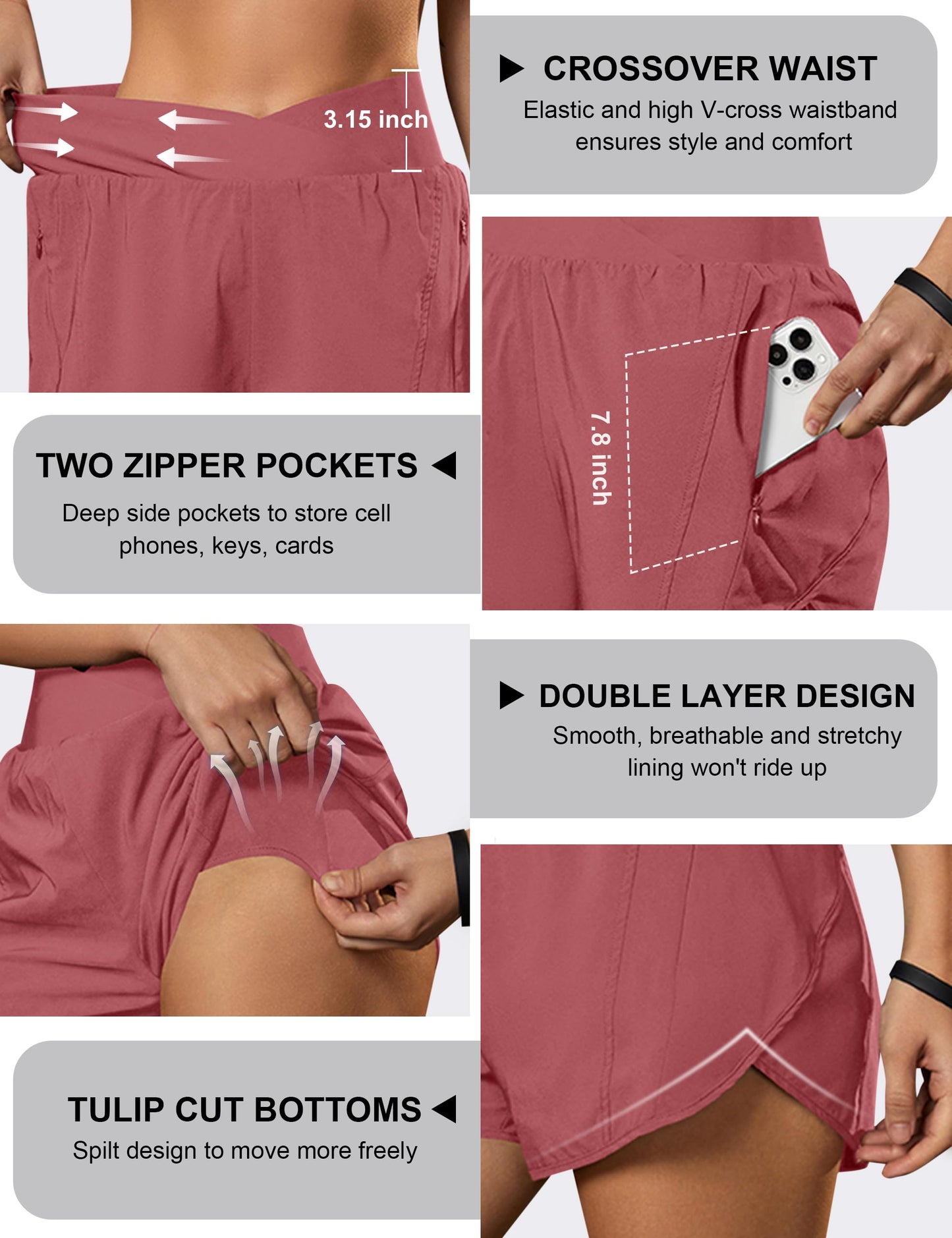 Blooming Jelly Women's Workout Shorts Athletic Running Crossover High Waisted Gym Sport Yoga Shorts with Zipper Pockets (Dusty Pink,Small)