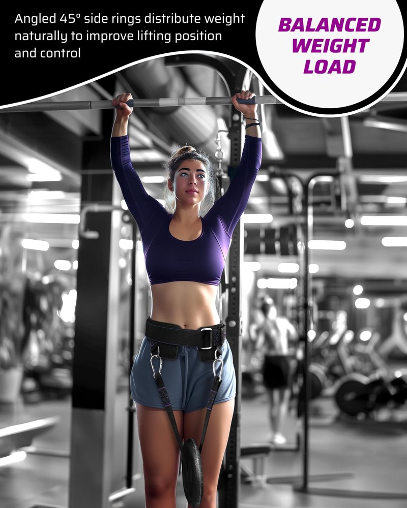 THEFITGUY Women’s Weighted Dip Belt – Contoured No-Pinch Fit for Dips, Pull-Ups & Squats | Designed for Women’s Hips | Sleek Black with Purple Stitching, Secure Buckle, 2 Straps & Hooks Included