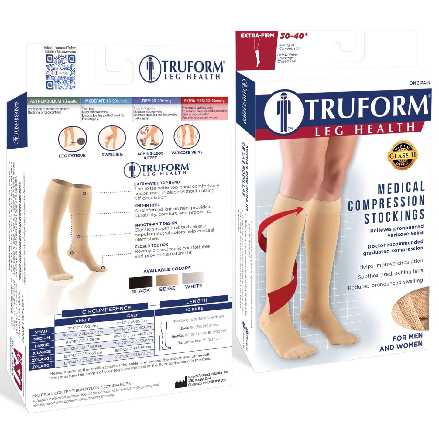 Truform 30-40 mmHg Compression Stockings for Men and Women, Knee High Length, Closed Toe, Black, Large