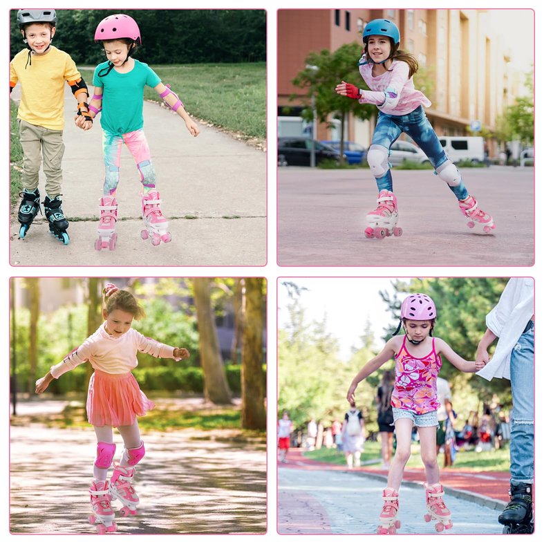 LIRENGUI Girls Roller Skates for Kids Children Beginner, Adjustable Kids Roller Skates with All Light Up Wheels for Sports, Pink & White (Medium 1-4 US)