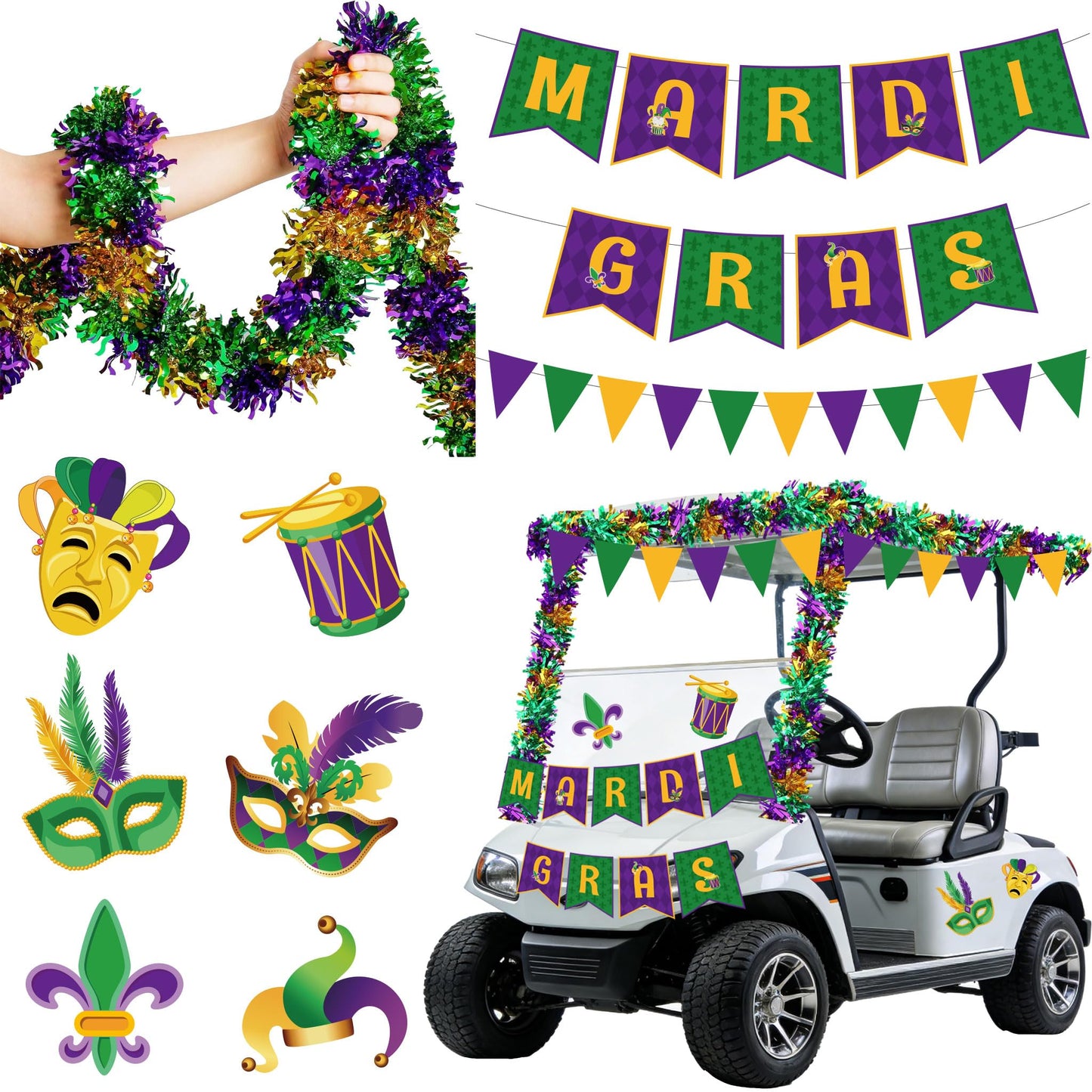 Pezutoi Mardi Gras Golf Cart Decorations Purple Green Gold Decor with Banner Tinsel Flags Garlands Cutouts