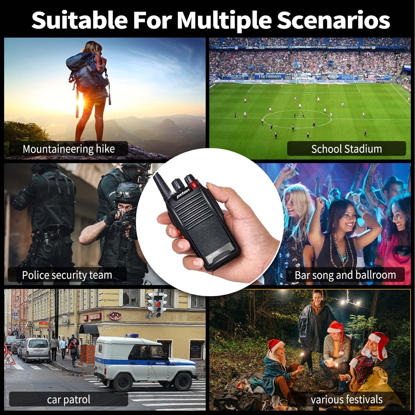 pxton 777S walkie talkies Long Range for Adults Rechargeable with Earpieces and Li-ion Battery,Two Way radios has VOX/TOT/Emergency Alarm/Battery Low Alert/Flashlight/Scan Function（4 Pack）