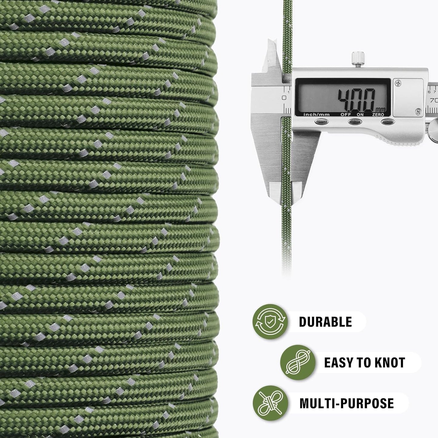 Reflective Paracord Rope - 750 lb Heavy Duty 50ft 12-Strand Parachute Cord | Army Green for Camping & Survival Gear