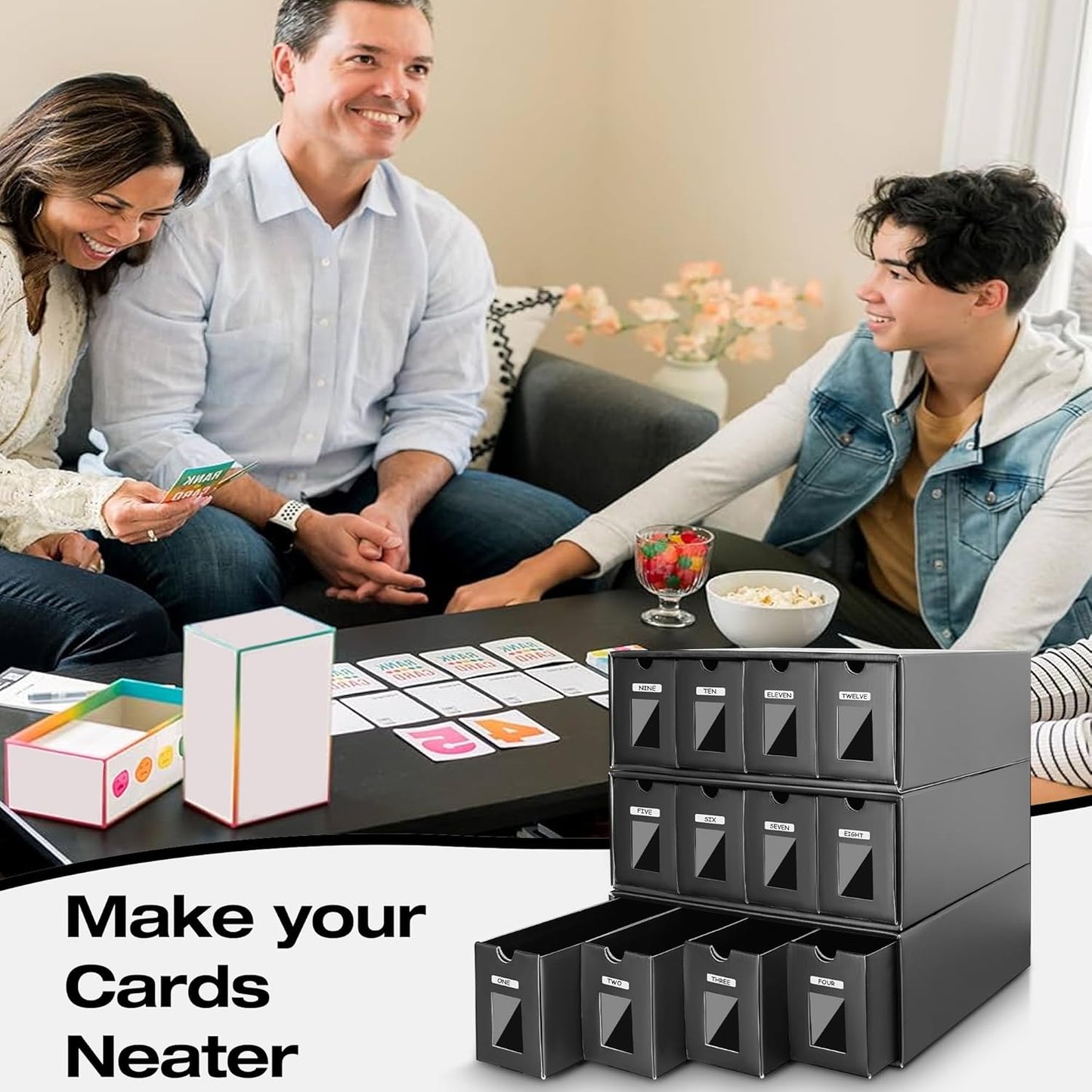 Trading Card Storage Box - Black Organizer with 48 Dividers & Scratch-Resistant Coating | Holds 12-600 CT Cards