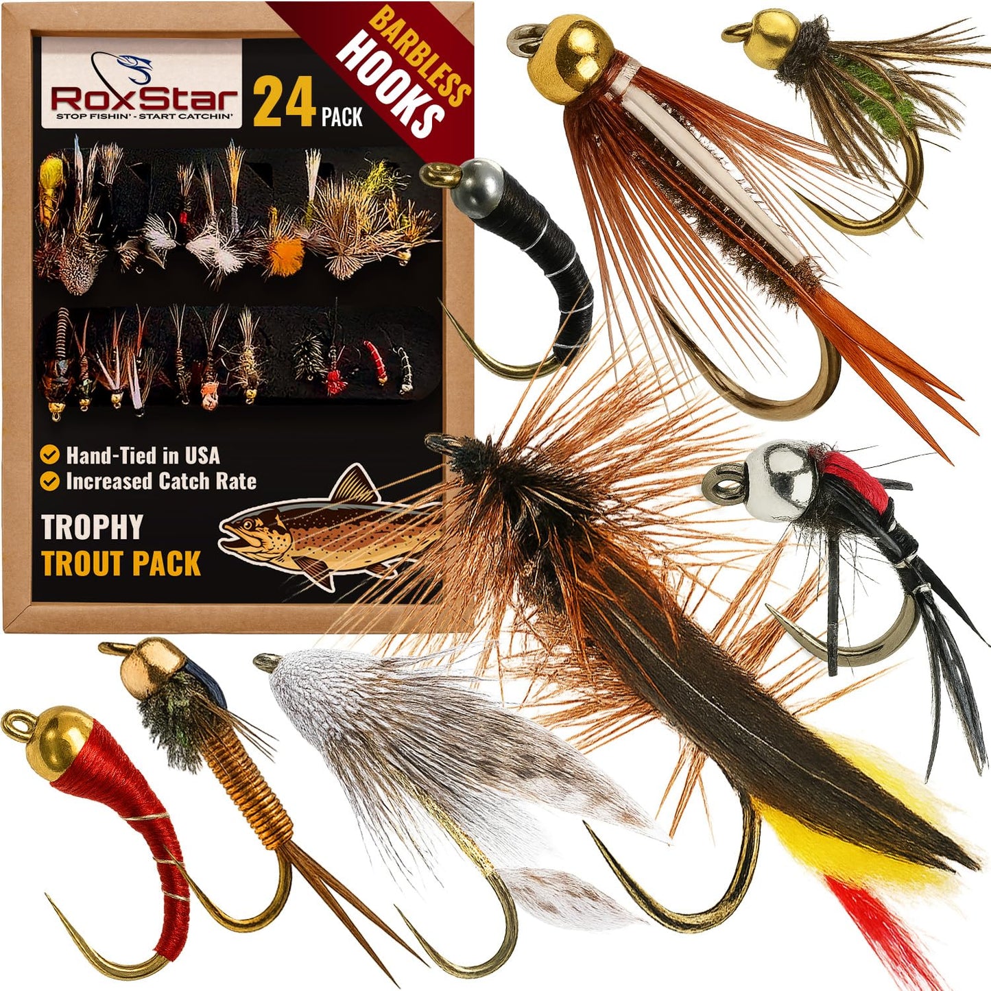 RoxStar Fly Shop Trophy Trout 24pk Top Wet & Dry Flies for Trout. Proven Nationwide to Catch Fish! Tied in-House Never Outsourced Fly Fishing Gift (Barbless Trophy Trout Flies 24pk)