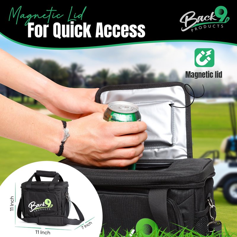 Back9Products Golf Cart Cooler Bag with Magnetic Lid - 12 Can Soft Sided Insulated Cooler, Leakproof & Waterproof - Portable Cooler - Push Carts, Work, Camping, Travel, Men & Womens Gifts (Black)