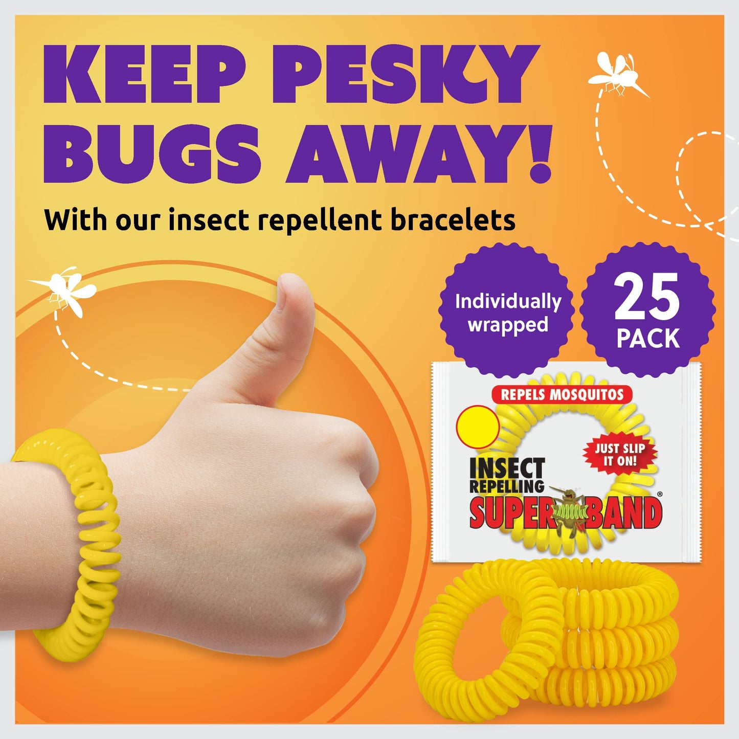 Superband Mosquito Repellent Bracelets for Adults & Kids - Pack of 25 - Long Lasting, Natural Bug and Insect Repellent Bracelet - Waterproof, Individually Wrapped, Deet-Free Bands - Yellow