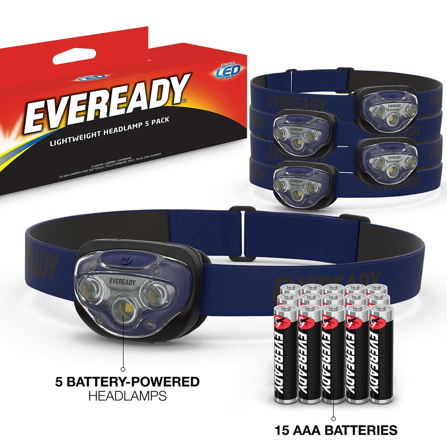 EVEREADY LED Headlamps Pro200 [5-Pack], IPX4 Water Resistant, Bright and Durable Head Lights for Camping, Hiking, Emergency Power Outage (Batteries Included)