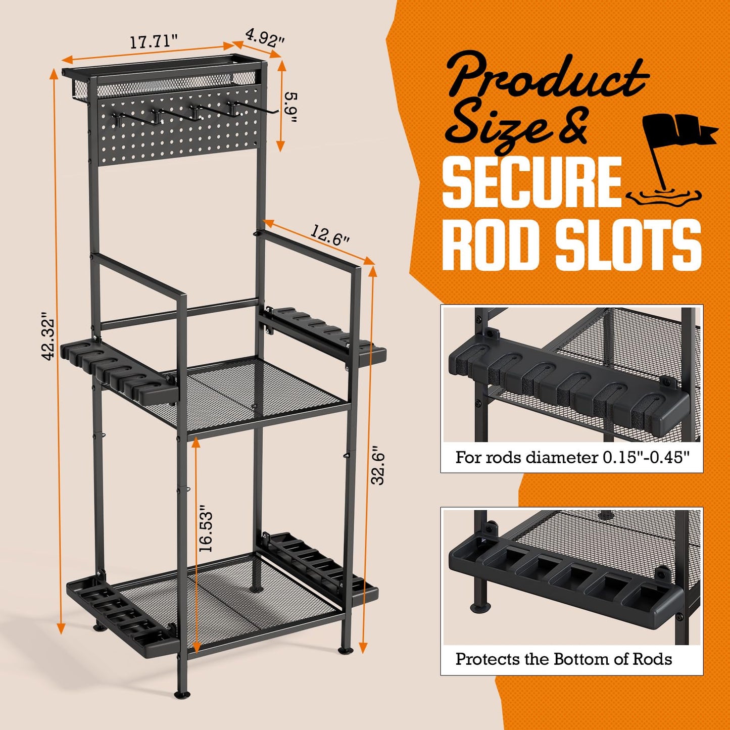 YQSLYSF Fishing Rod Holders for Garage with Pegboard & Metal Mesh Basket, Fishing Rod Storage Rack, Vertical Fishing Pole Holder for Up to 12 Poles, Tackle Gear Organizer