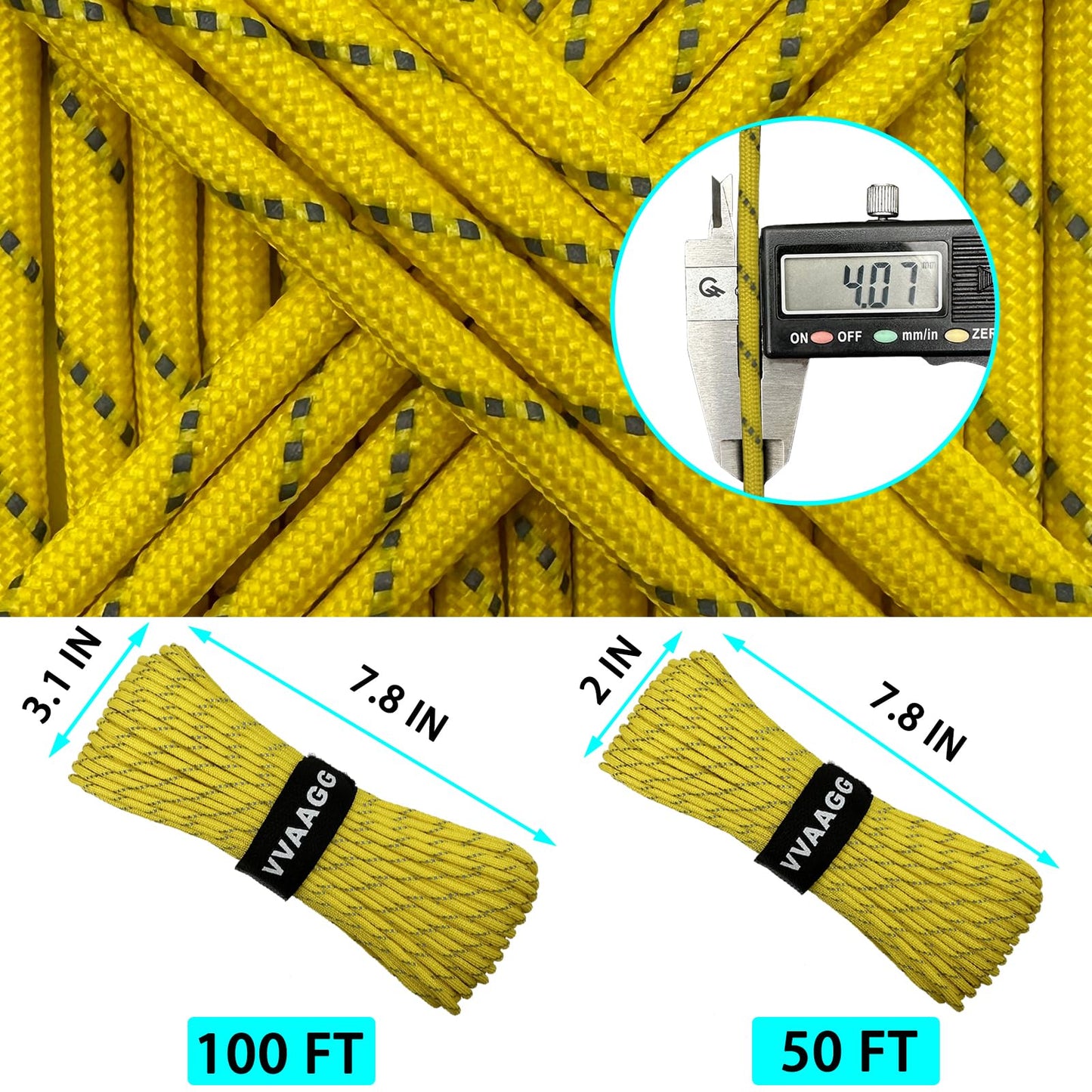 VVAAGG Reflective Paracord Rope 100FT, 7 Strand Nylon para Cord Lanyard Utility 550 Parachute Cord, 4mm Thin Tent Rope for Outdoor Camping Hiking (Yellow)