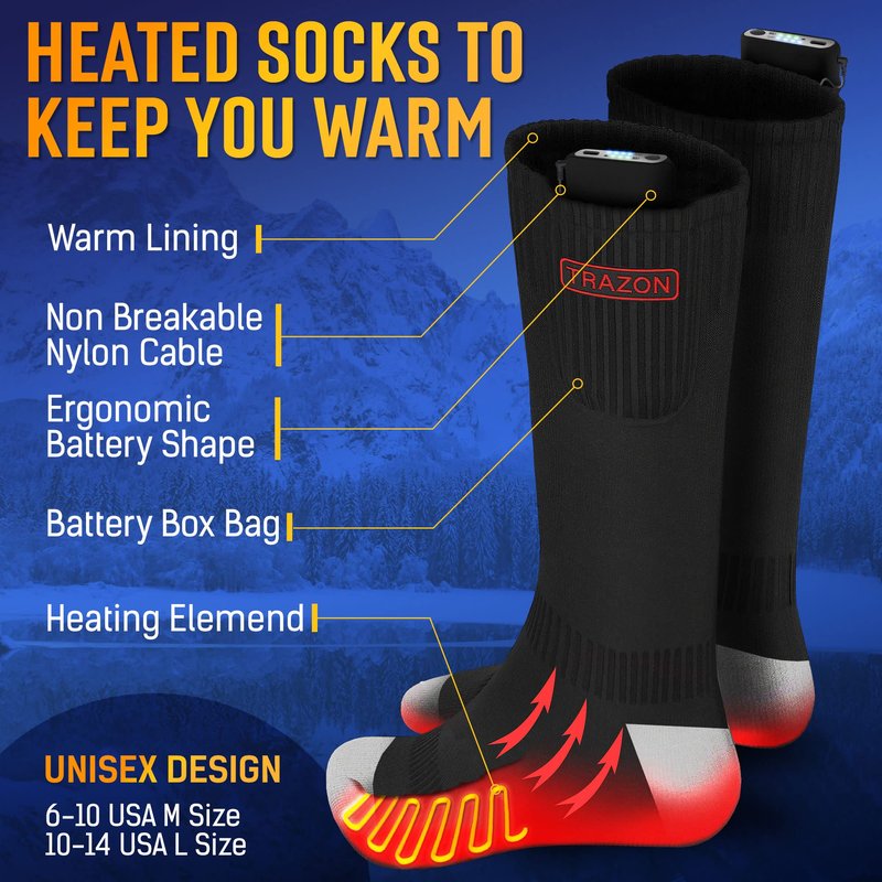 Heated Socks for Men and Women Rechargeable - Electric Battery Thermal Hunting Fishing Camping Skiing Cycling Running Washable Ergonomical with 4 Temp Modes 5V 5000mA Medium