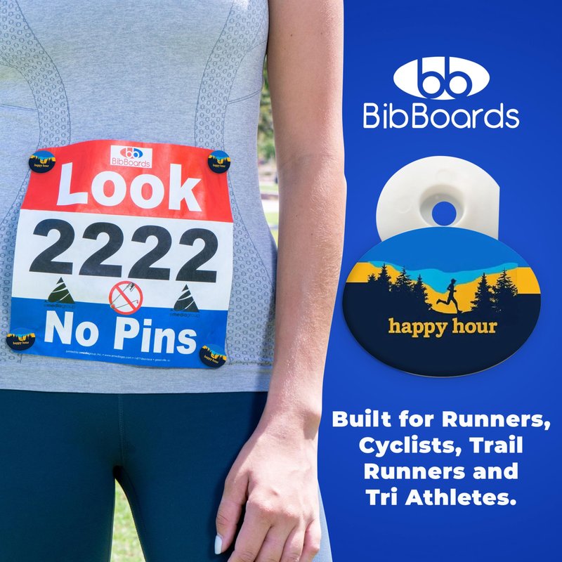 bibSNAPS Race Bib Clips - Safety Lock Fasteners - Secures Running, Marathon, Cycling, and Event Numbers, Non Magnetic, Easy to Use, Soft & Reusable, Replacement for Pins & Magnets - Happy Hour (4pcs)
