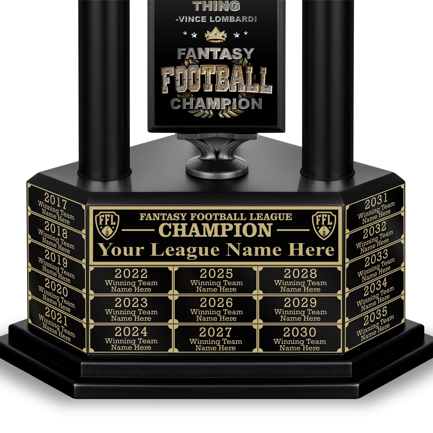 TrophySmack Perpetual Fantasy Football Trophy - Customizable Championship Trophy Award Winner | Free Engraving up to 19 Years Past Winners, 56 Inch Tall (Black Gold)