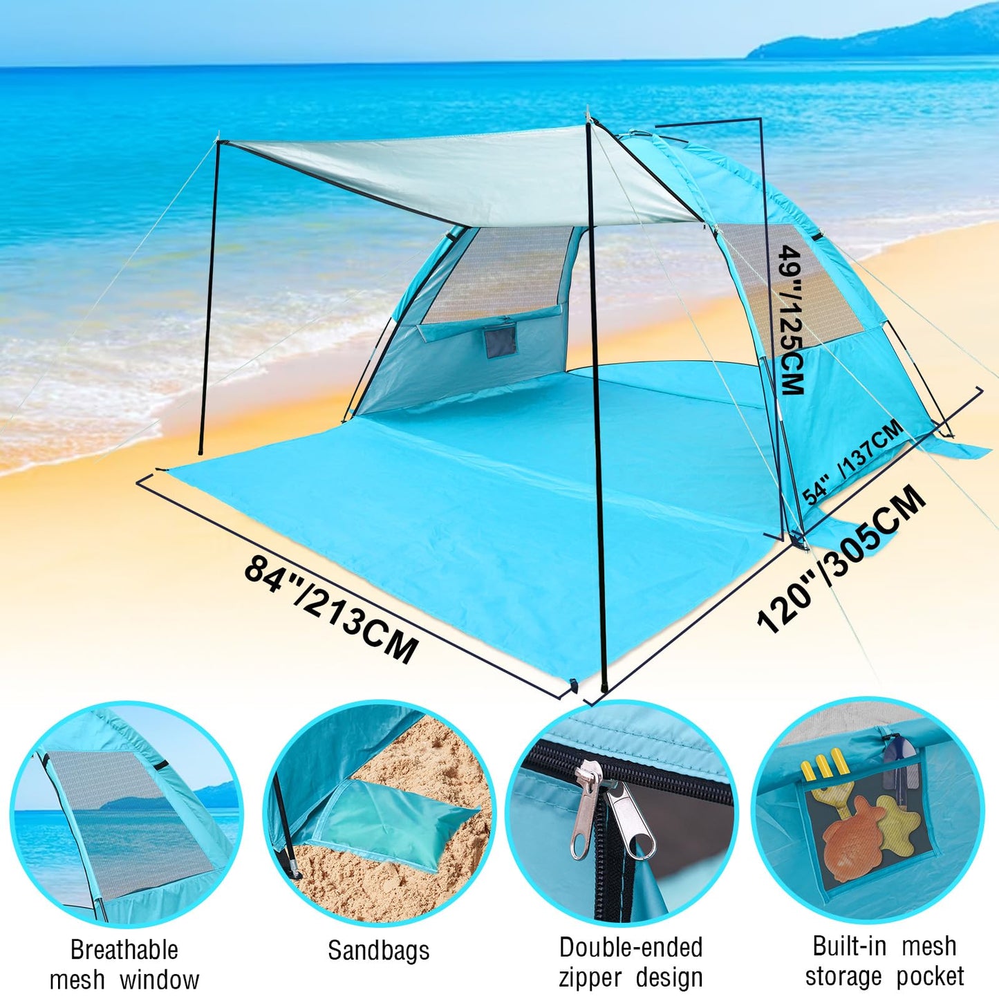 Beach Tent for 2-3-4 Person, UPF 50+ Anti-UV Portable Shelter with Sunshade