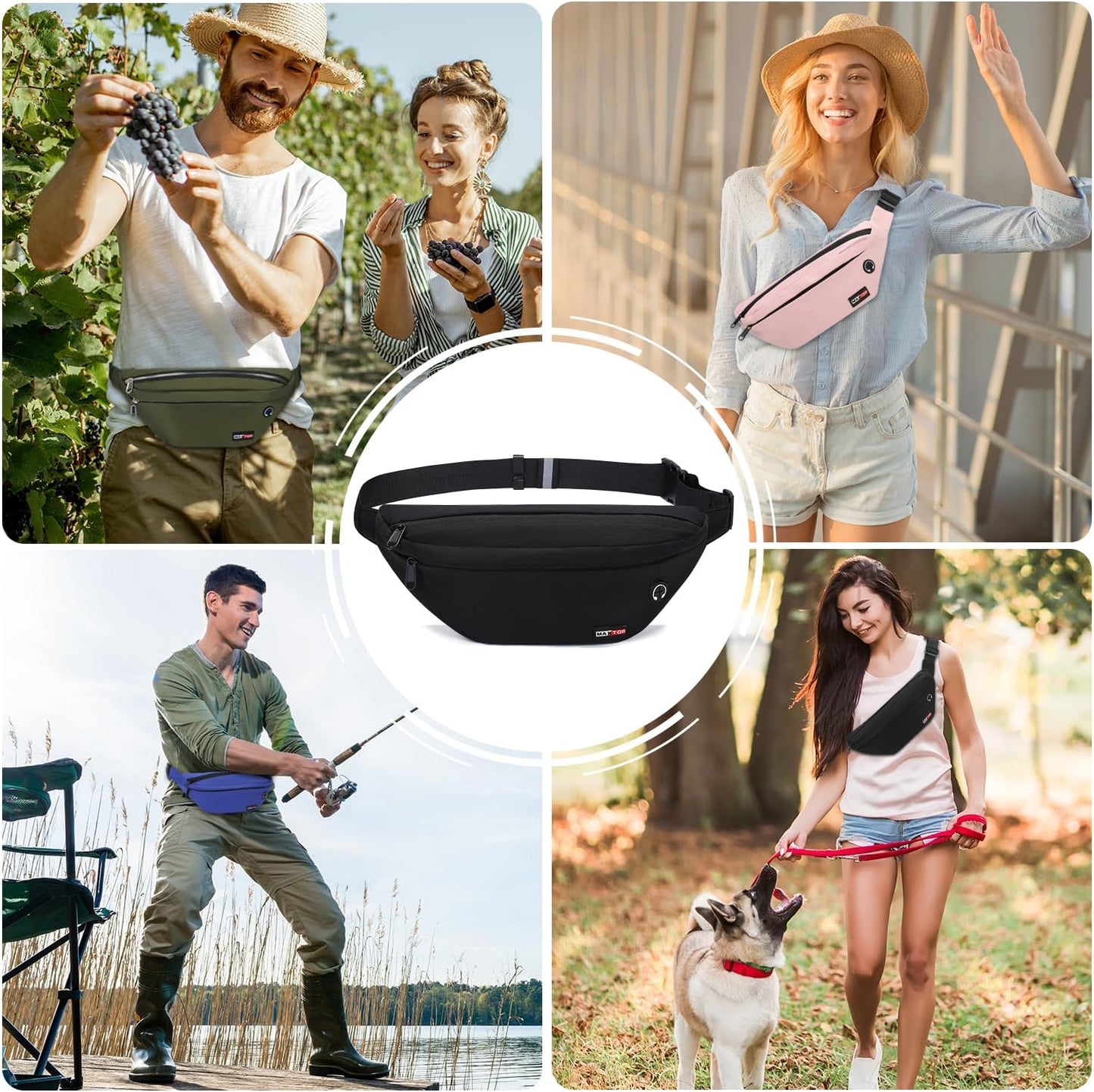MAXTOP Large Black Fanny Pack - Versatile Crossbody Waist Bag for Hiking, Cycling & Travel | Adjustable Strap