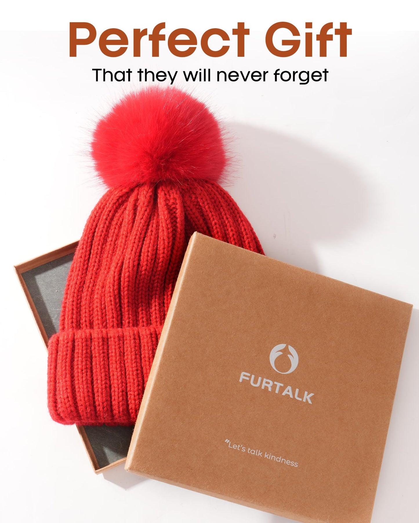 FURTALK Womens Winter Knitted Beanie Hat with Faux Fur Pom Poms Warm Knit Skull Cap for Women Red with Red Pom