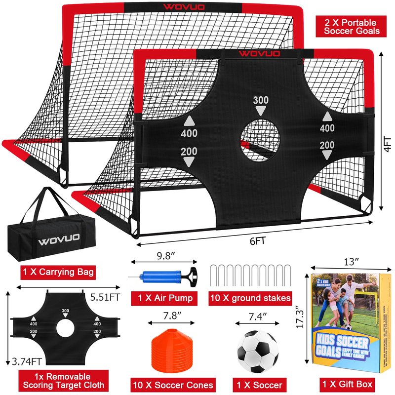 Soccer Goals for Backyard Set of 2, 6x4 ft Portable Soccer Goal Training Equipment with Soccer Target, Ball, Cones, Soccer Net for Age 3-5 6-8 8-12 10-12-14 Outdoor Sports Games Gift