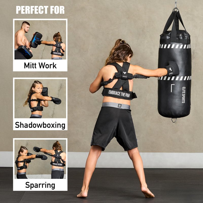 Elite Sports Kids Boxing Harness with 6oz Gloves – Adjustable Resistance Bands (3 Levels), Stability Strap, Padded Shoulder & Back, Ballistic Nylon, Quick-Release Buckle – Youth Training Gear