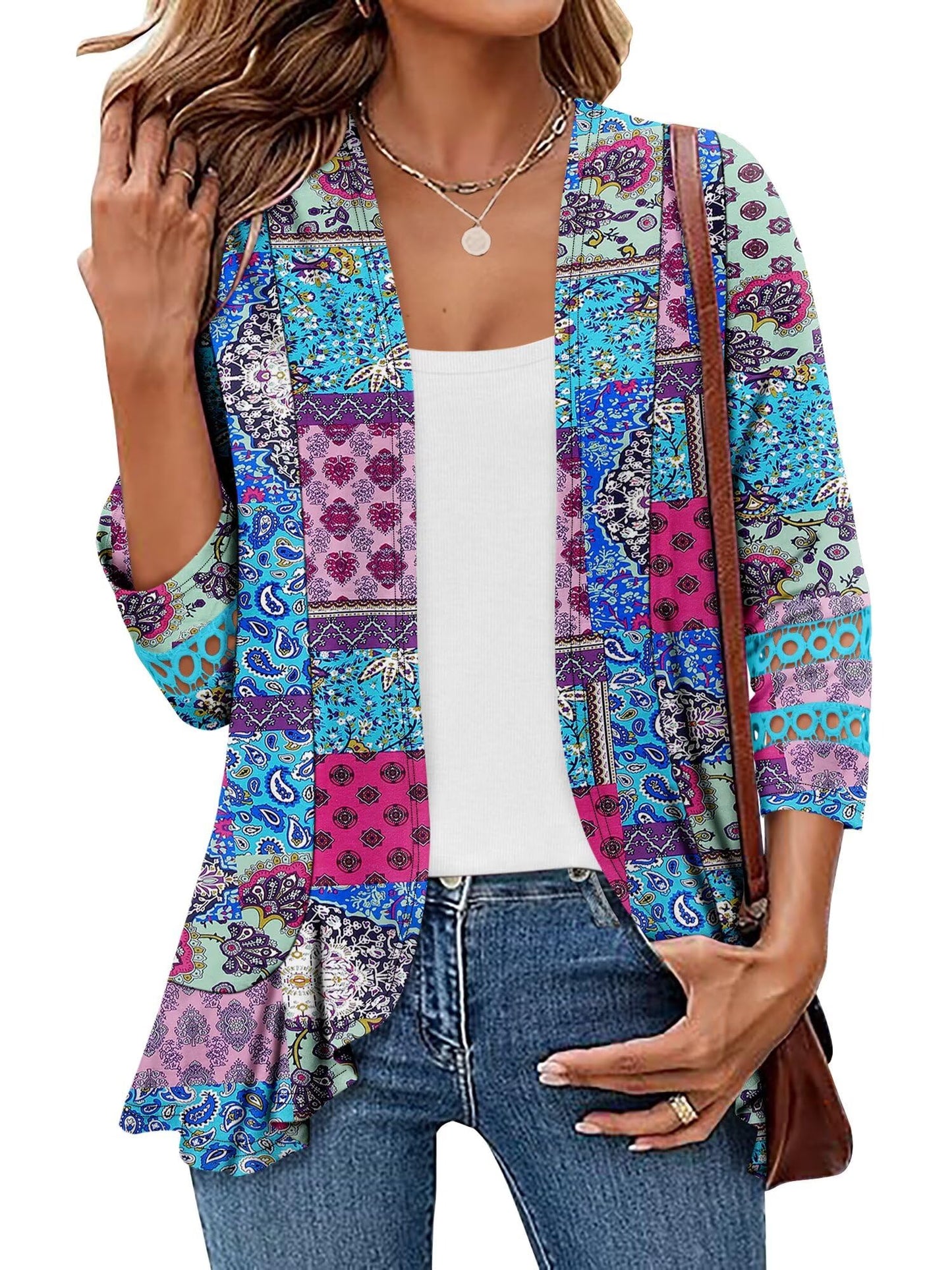 Women's Open Front Cardigan Dressy 3/4 Sleeve Summer Soft Draped Cardigans Blue Print Outwear Large