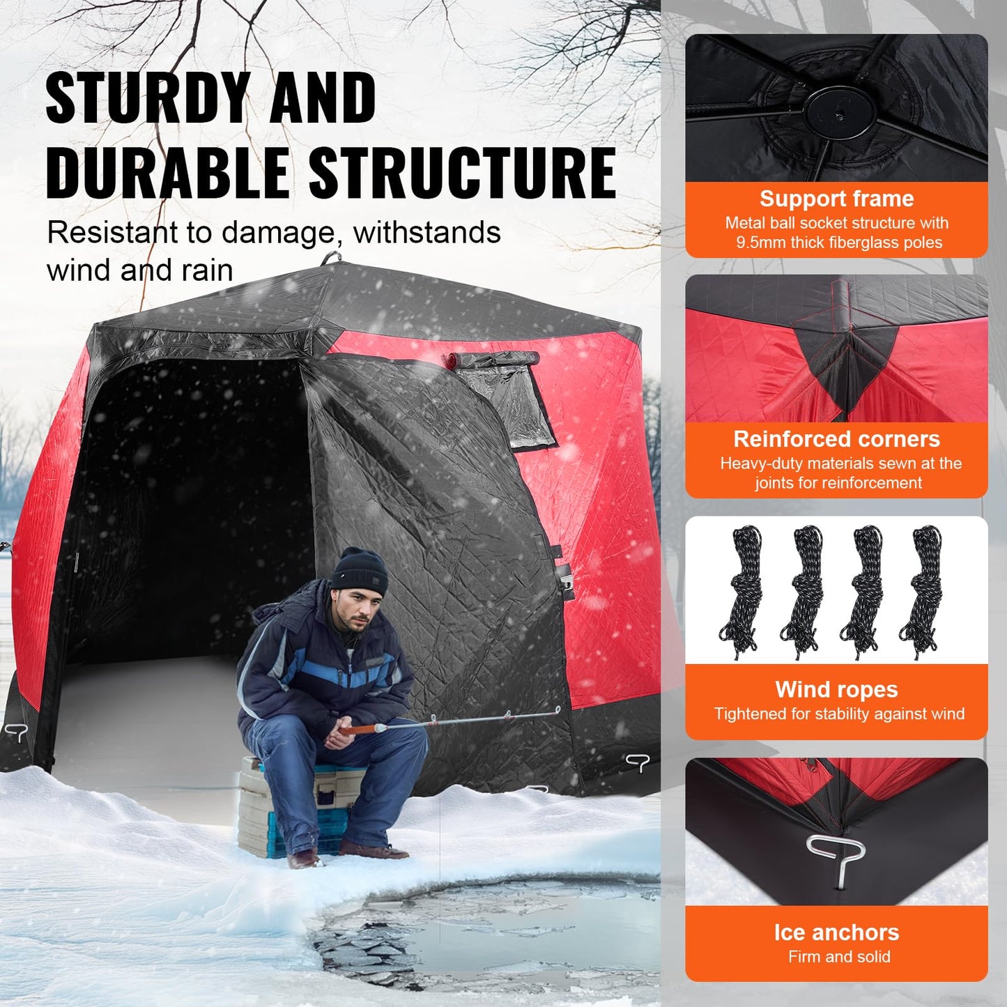 VEVOR Portable Pop-Up Fishing Tent, 24 sq ft Ice Shelter - Hub-Style for Winter Fishing - Waterproof Oxford Shanty with Anchors/Ropes/Bag, 60" x60