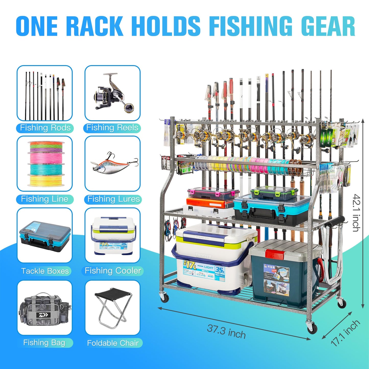 PeBro Fishing Pole Holders, Fishing Rod Holders for Garage, Fishing Rod Holder for Fishing Rod Tackle Box Reel Storage, All-In-One Fishing Rod Rack with Hooks and Wheels