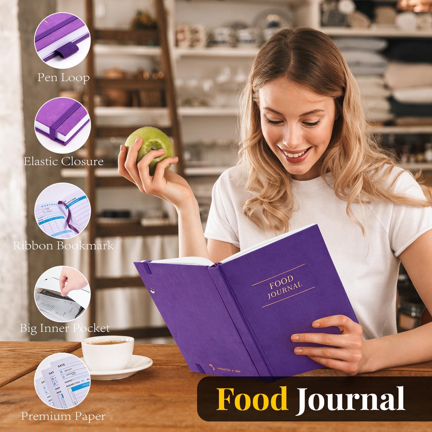 5 MINUTES A DAY Food Journal, Weight Loss Journal for Women, Food Diary to Track Meals, A5 Size Calories Counter Book, 180 Days Diet Wellness Planner for Healthier Lifestyle -Purple