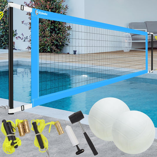 Olybeaka Length Adjustable 15ft-25ft Pool Volleyabll Net, Upgraded Sturdy Poolside Volleyball Net Set System with 2 Water Volleyballs, Pump and Hammer for Easy Installation (Blue)