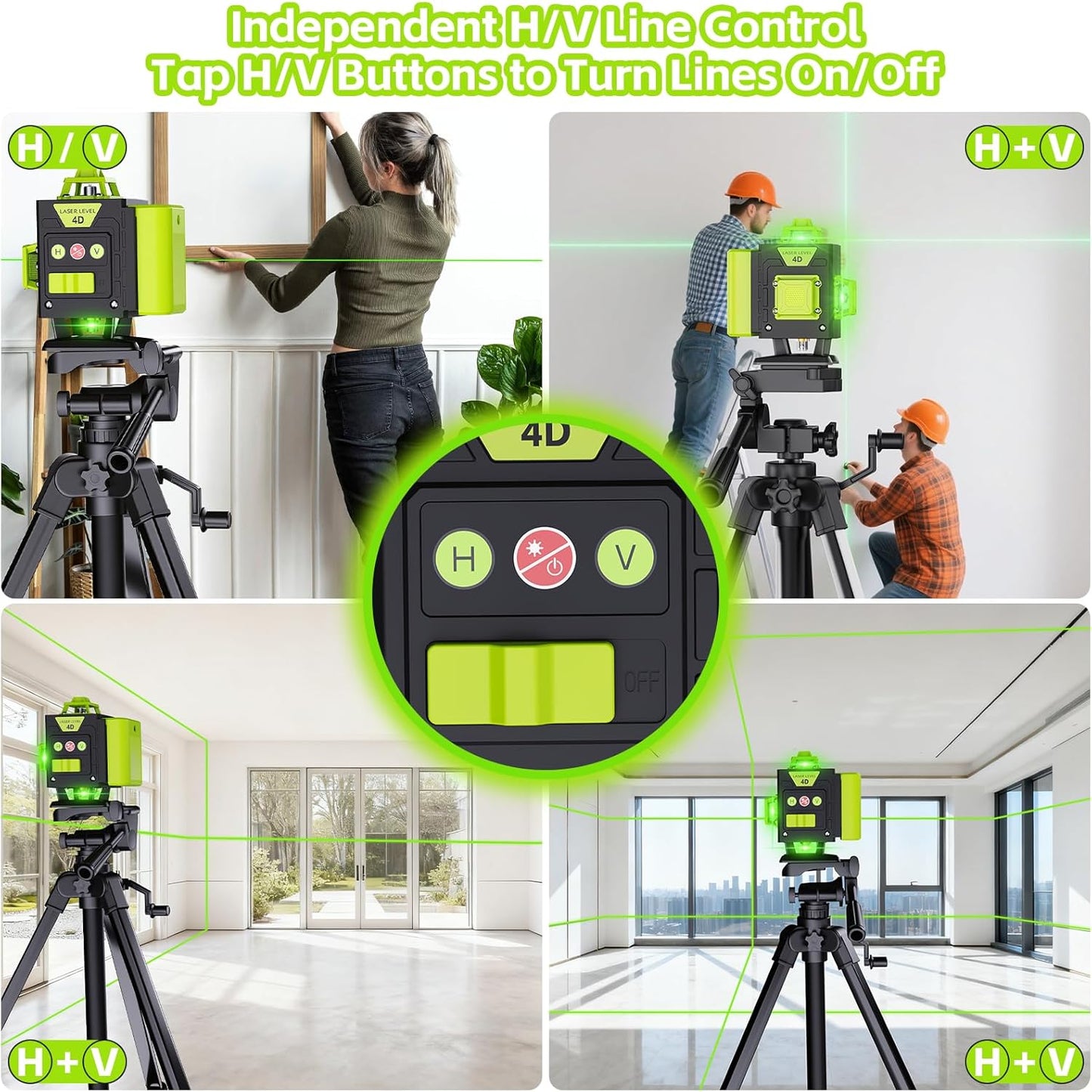 16 Line Laser Level - 360° Self-Leveling Green Laser Tool for Picture Hanging & Construction | Includes 2 Batteries, Magnetic Bracket, Remote Control