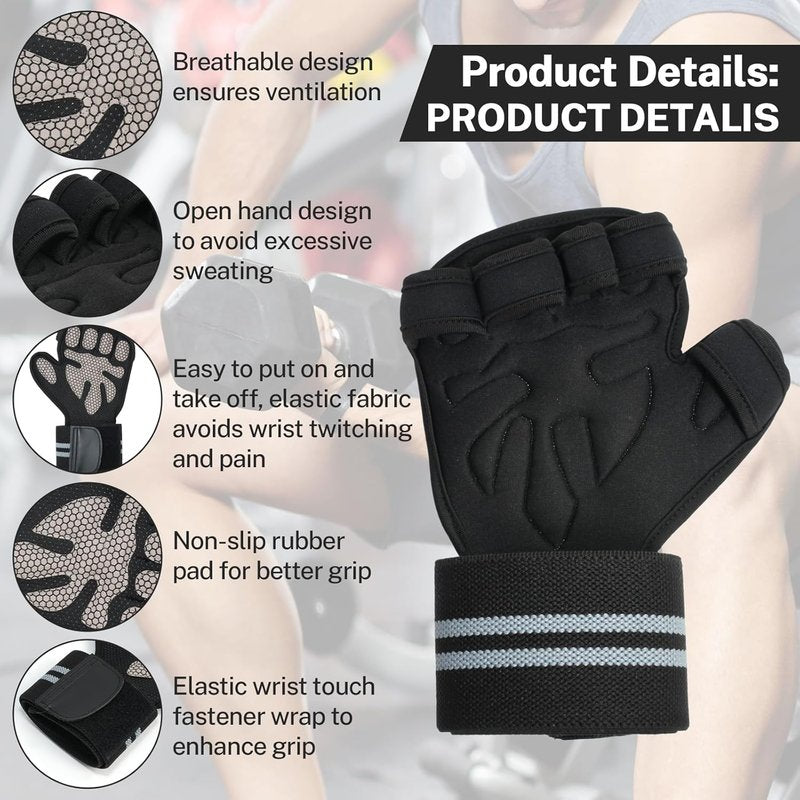 Workout Gloves with Wrist Wraps - Ventilated Weight Lifting Gloves for Men & Women | Anti-Sweat Gym Fitness Support