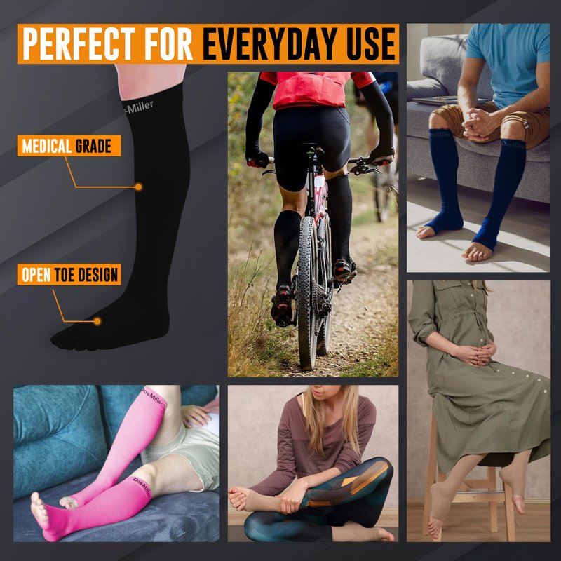 Doc Miller Open Toe Compression Socks, 20-30 mmHg, Toeless Compression Sleeves for Legs, Knee High Stockings for Shin Splints, Varicose Veins, Travel, Calf Support & Muscle Recovery, Men & Women, Pair