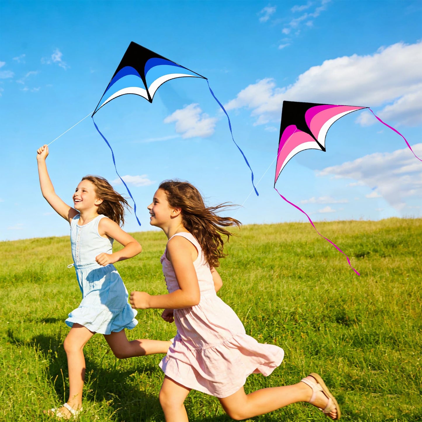Mint's Colorful Life 2 Pack Delta Kites for Kids & Adults, Easy to Fly Large Kite Set for Beginners, Perfect Family Kites for Park and Beach Trip with 300ft String Handles (Blue&Pink)