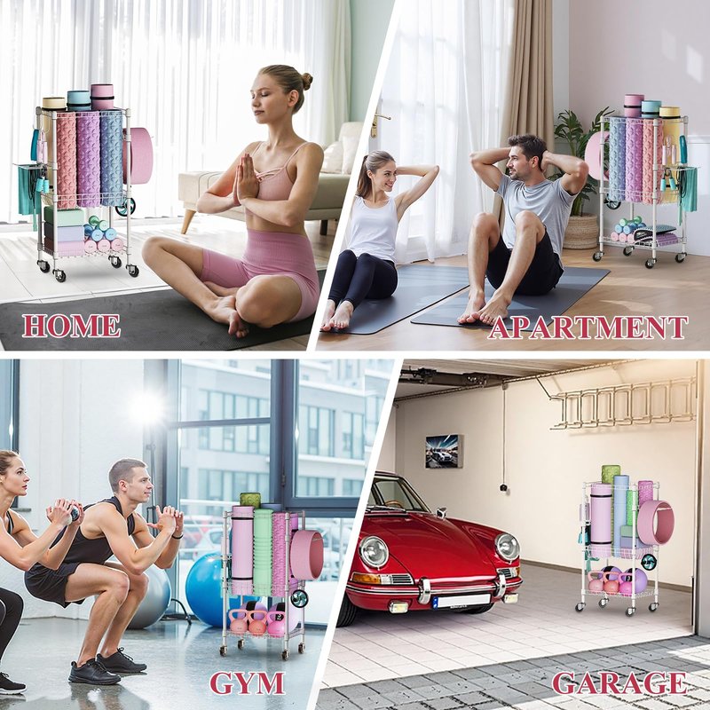 VOPEAK Home Gym Storage Rack with Wheels, Yoga Mat Storage Organizer for Kettlebells, Dumbbells, Resistance Bands, Space Saving 2-Tier Weight Rack for Home Gym, Garage, Easy to Install (3Tier-Black)