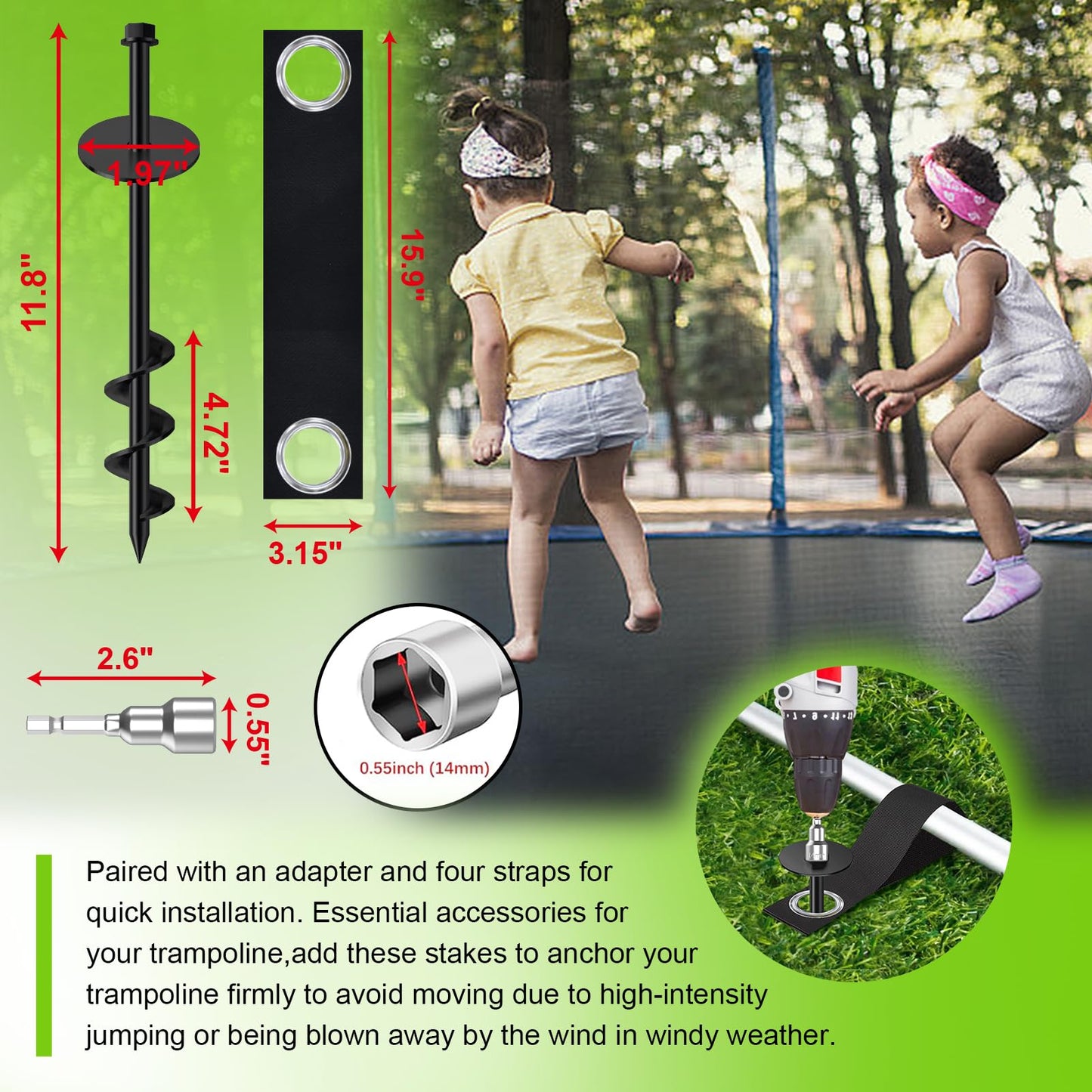 Eurmax USA 4 Pack Universal Ground Anchors High Wind, Heavy Duty Screw-in Trampoline Stakes with 4 Straps, Upgraded Commercial Anchor Kit for Outdoor Sheds, Swing Sets & Mobile Homes (Black)