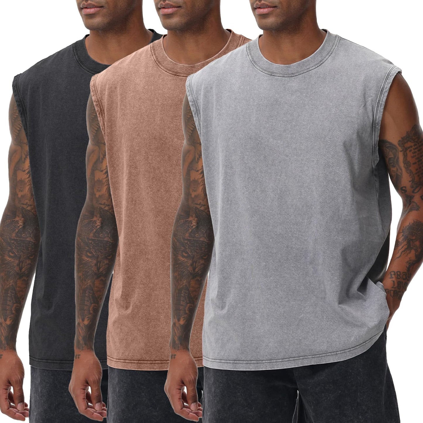 SnowElve 3 Pack Mens Workout Tank Tops Sleeveless Tee Shirts Men Muscle Shirt Gym Acid Wash T Shirts Running Beach Loose Fit Tee(CFGYBK,M)