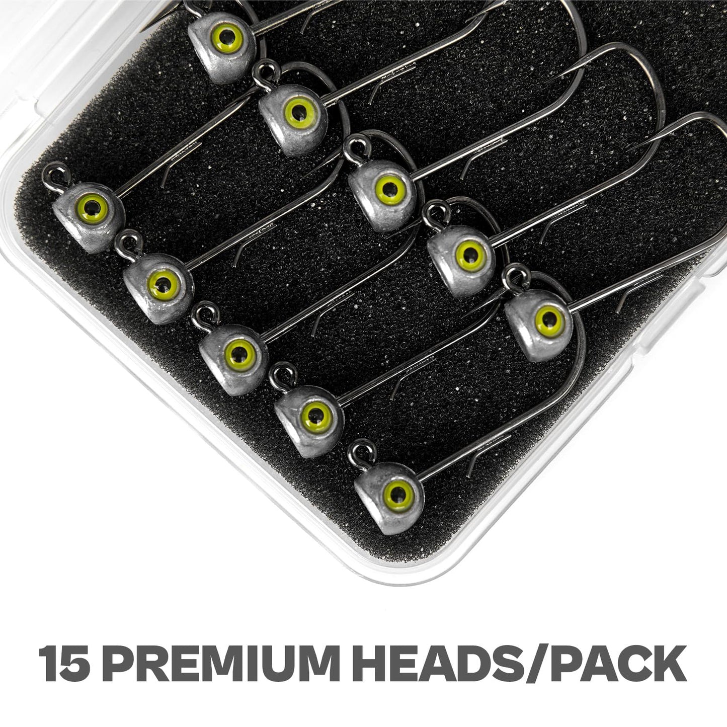 15-Pack Fish Eye Ned Rig Jig Heads with Welded Wire Bait Keeper – 1/16 3/32 1/8 3/16 1/4oz with 2/0 3/0 Hooks, Chartreuse Eyes, Secure Finesse TRD Hookup for Bass Fishing